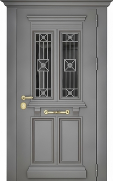Утепленная термодверь с металлобагетом, карнизом, ковкой и стеклом (полимерная серая покраска) Утепленная термодверь с металлобагетом, карнизом, ковкой и стеклом (полимерная серая покраска)