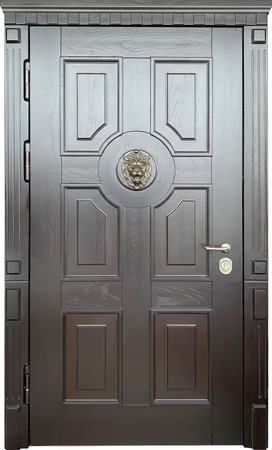 Стальная термодверь с отделкой МДФ со шпоном, карнизом и объемным элементом лев Стальная термодверь с отделкой МДФ со шпоном, карнизом и объемным элементом лев